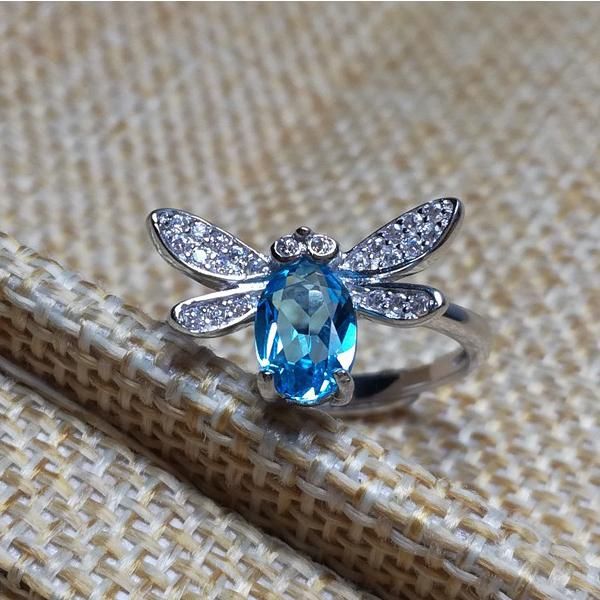 

cluster rings [meibapj]925 sterling silver dragonfly ring inlaid with natural london blue z stone open for women, Golden;silver
