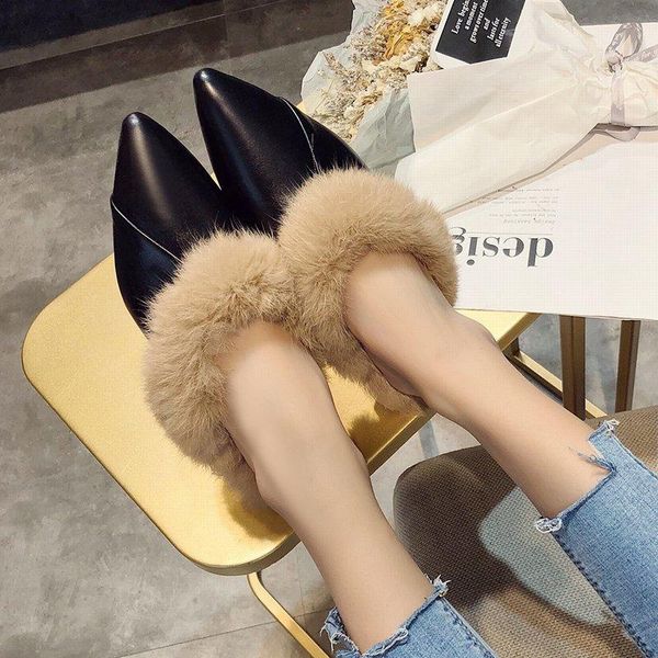 

winter slipper women outside fashion shallow square heel solid baotou plush comfortable furry all-match breathable pu slippers, Black