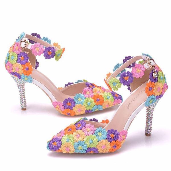 

women sandals wedding party banquet lace pu rhinestones buckle strap 9cm thin high heels pointed toe shoes size 35-42, Black