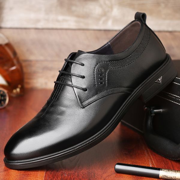 

busins drs casual men's leather sho pointed lace breathable single, Black