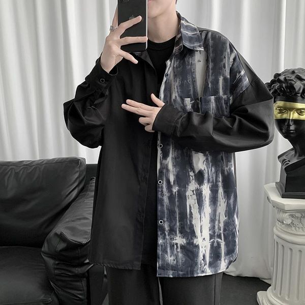 

men's casual shirts side tie-dye long-sleeved shirt male high street fashion harajuku style loose hip-hop jacket long sleeve, White;black