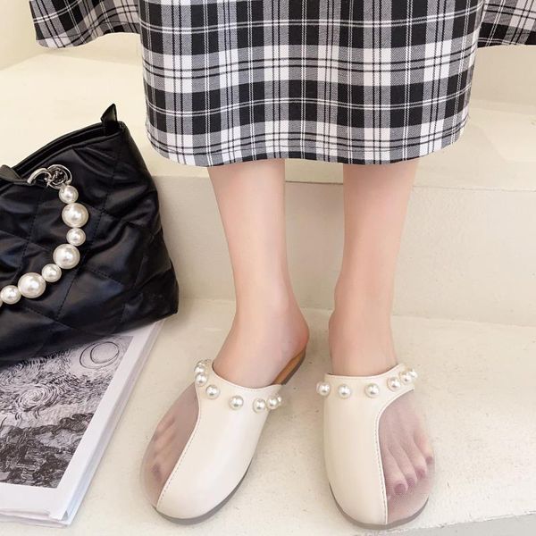 

mules for women 2021 string bead ladies' slippers fretwork heels female shoes luxury slides cover toe low loafers summer des, Black
