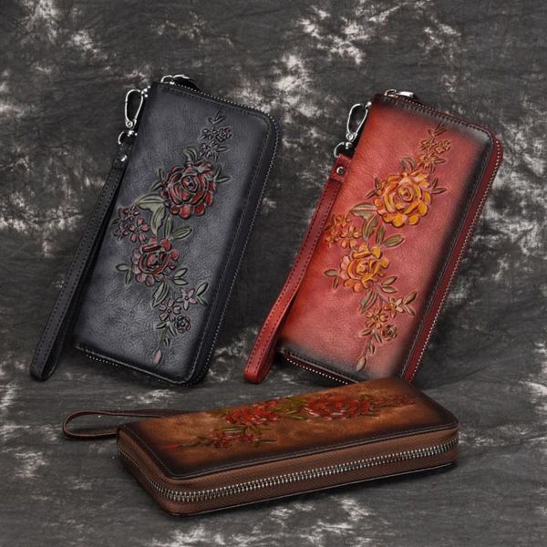 

wallets maheu vegetable tanned leather long wallet lady flower decorate purse single zipper card for 6 inch iphone, Red;black