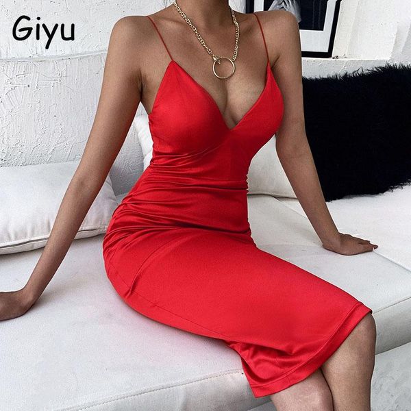 

giyu satin dress women night club party spaghetti strap v neck midi dresses 2021 autumn summer elegant female vestidos casual, Black;gray