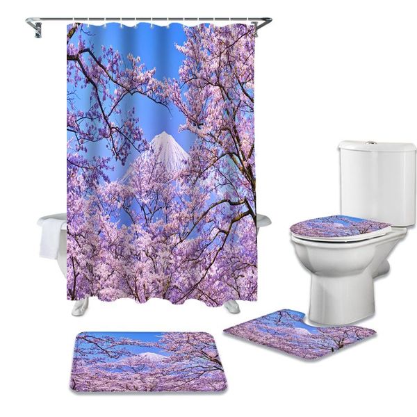 

mount fuji cherry tree pink flowers shower curtain set carpet cover toilet bath mat home decor bathroom curtains