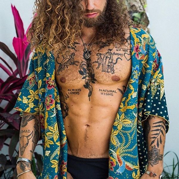 

men's shirt floral collarless street casual print short sleeve casual fashion breathable comfortable green p6sh#, White;black