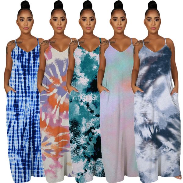 

casual dresses tie dye womens with pockets summer sleeveless spaghetti strap ladies dress fashion vestido 0djh, Black;gray