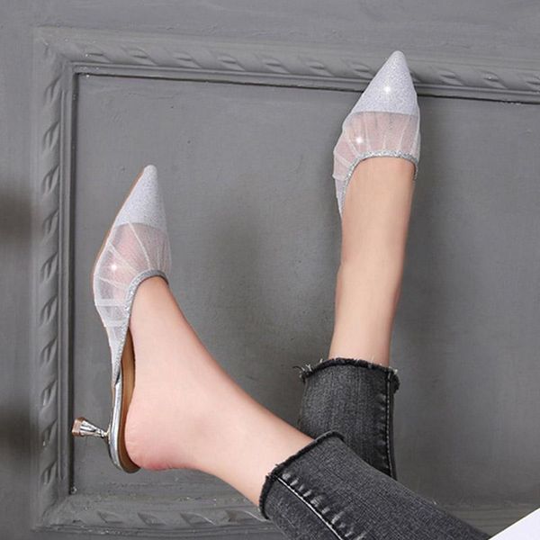 

slippers rhinestones breathable pointed toe mesh mules women flipflops slip on shoes woman stiletto high heels slides mujer 2021, Black