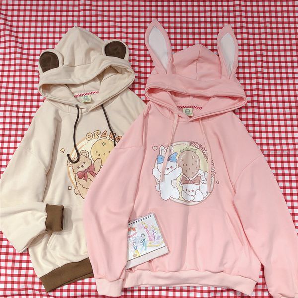 

kawaii pink bunny hoodie women harajuku cute bear ears graphic sweatshirt teen girl long sleeve aesthetic vintage anime pullover, Black