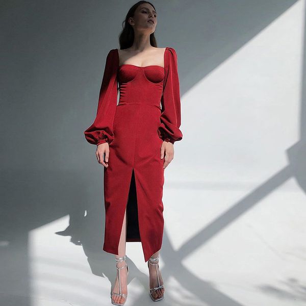 

elegant women dress spring maxi dresses women lantern sleeve slim split dress romantic summer backless party dress 210419, White