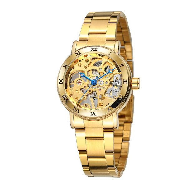 

wristwatches t-winner blue hand roman numeral mechanical watch gold hollow steel band round alloy ladies, Slivery;brown