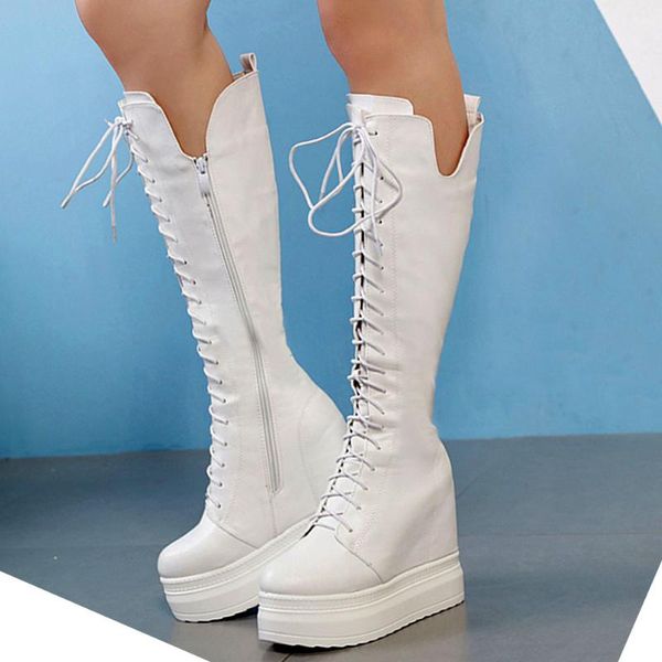 

boots gigifox comfy walking fashion gothic black white shoelaces zipper height increase platform woman shoes winter knee high