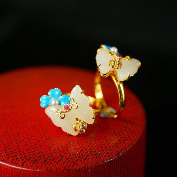 

cluster rings original design natural hetian white jade butterfly open ring chinese enamel porcelain light luxury romantic silver jewelry, Golden;silver