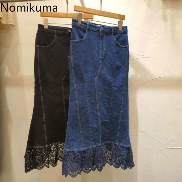 Nomikuma mulheres jeans saia coreano rendas platse retalhos irregular demina sereia saia outono alta cintura sexy faldas 6c727 210427