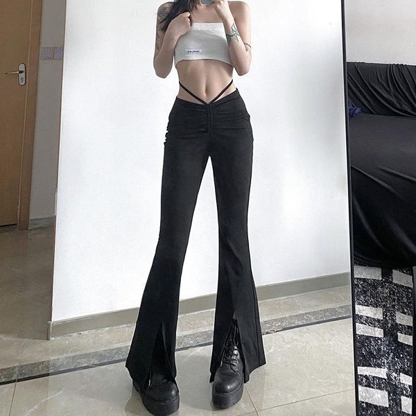 

women's pants & capris design waist drawstring trousers with slits pleated high women fashion flare, Black;white