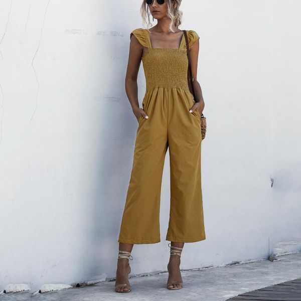 

women's jumpsuits & rompers jumpsuit women summer 2021 shirred frill sleeves hight waist ladies holiday romper overalls dropship #d, Black;white