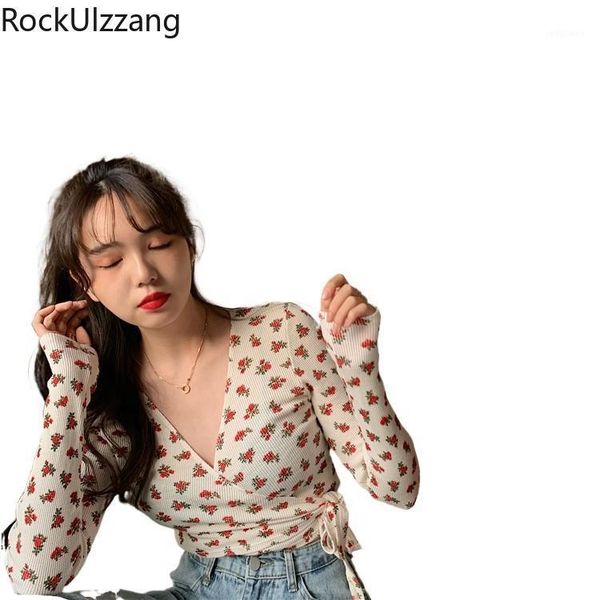 

women's t-shirt graphic flower long sleeve v neck waist tie up bow women crop short t shirt cute aesthetic bandage tee korean, White