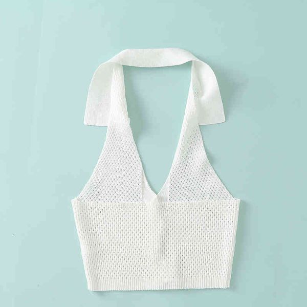 

tanks new women's sleeveless t-shirt with hollow lapels open back neck button knit cardigan crop female, White