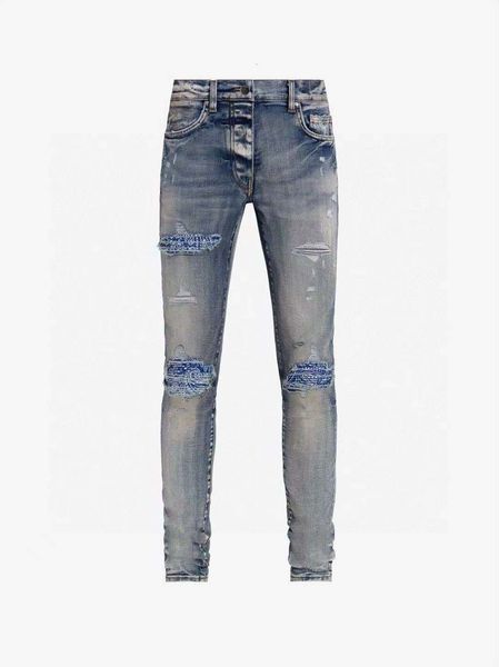 

am style trendy brand wash old hole blue patchwork cashew flower print jeans slp