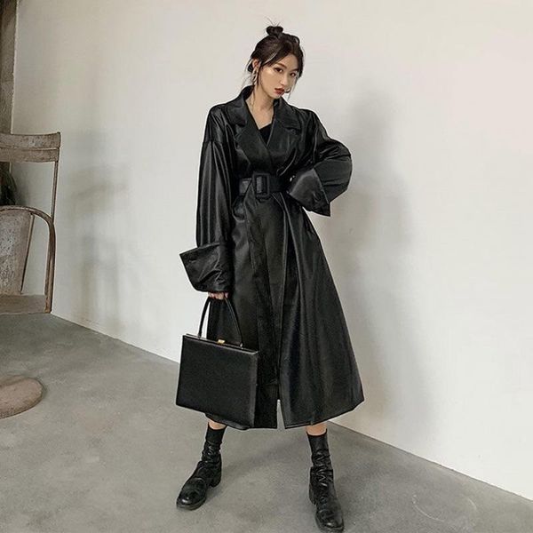 

women's trench coats black coat women 2021 long jacket womens fashion loose vintage keep warm fall clothing streetwear chaqueta de cuer, Tan;black