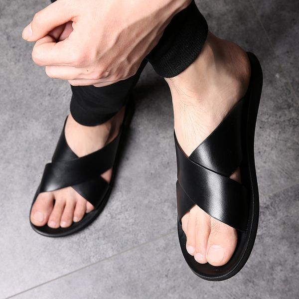 

leather summer shoes mens slippers outdoor beach shoes+male zapatos de hombre erkek ayakkabi buty meskie 5c10, Black