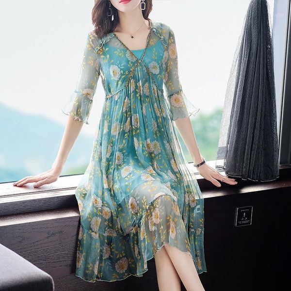 

two piece dress 2021 spring women's silk printed ruffle fairy set 68975, White