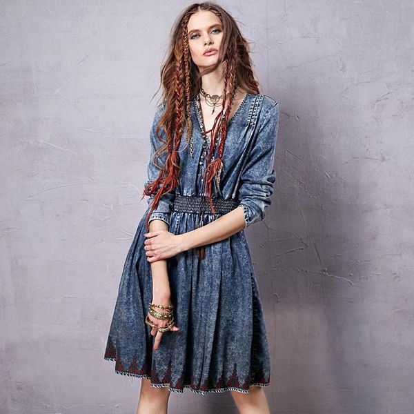 

casual dresses ng 2021 vintage women long knee length sleeve autumn denim cotton v-neck dress embroidery s-l artka, Black;gray