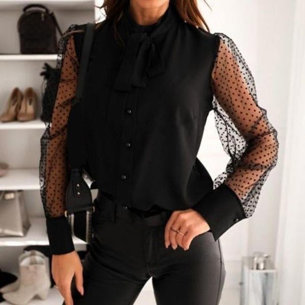 

women's blouses & shirts blouse women see through dot print mesh long sleeve buttons bowknot shirt top, White
