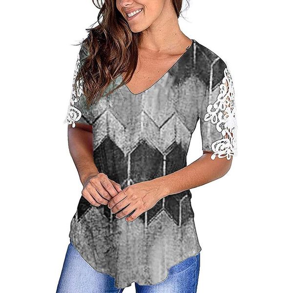 

women's blouses & shirts patchwork for womens prints v-neck lace short-sleeve tunic summer casual loose blouse and bluzka damska, White