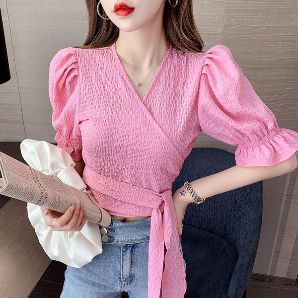 

women's blouses & shirts 2021 short-sleeved shirt v-neck high-waist solid color korean flared sleeves bow belt slim short femme, White