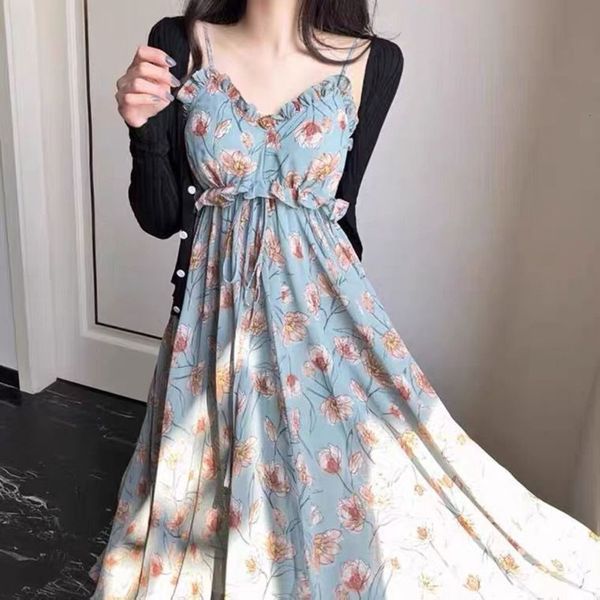 

early spring style small people wear fashionable western cut down flower dress and two piece sweater set for women, Black;gray