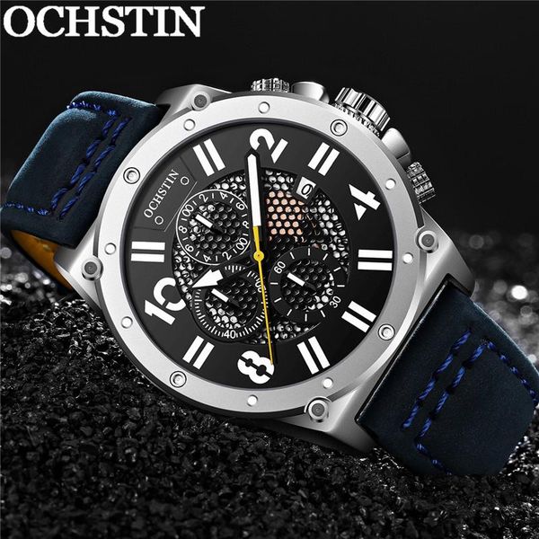 

wristwatches ochstin man wristwatch chronograph auto date sport men watch military blue genuine leather male clock 6122, Slivery;brown