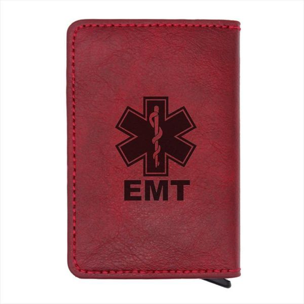 

classic black emt emergency medical technician rfid card holder men wallets vintage short purse leather slim small, Red;black