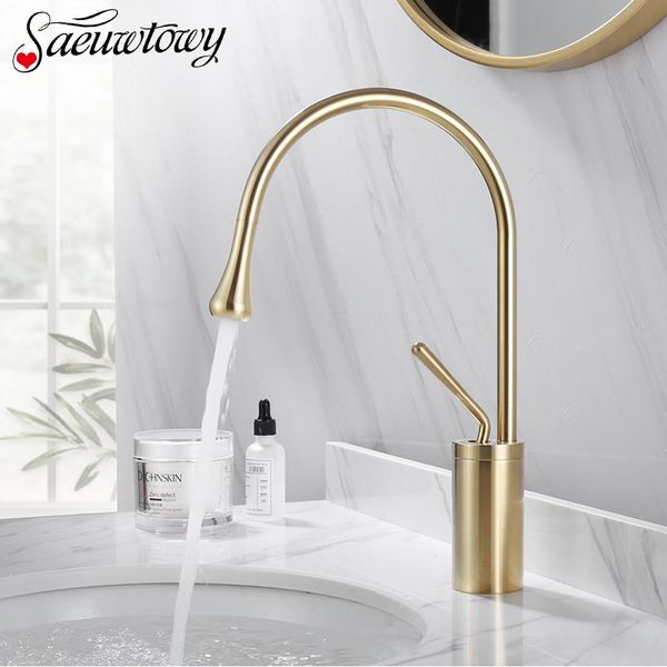 

luxury brushed golden basin faucet 360 rotatble spout brass mixer tap for kitchen cold water bathroom sink faucets