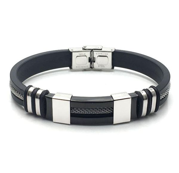 

2021 new men's stainless steel silicone black bracelet simple rubber new design punk charm wristband bangle for mens fashion fast ship, Golden;silver