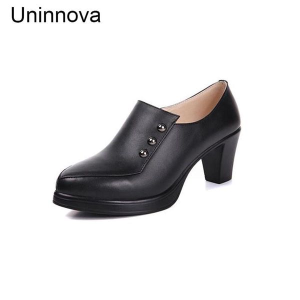 

dress shoes women genuine leather black rivet elegant pointed toe platform mid high heels spring autumn uninnova wp095