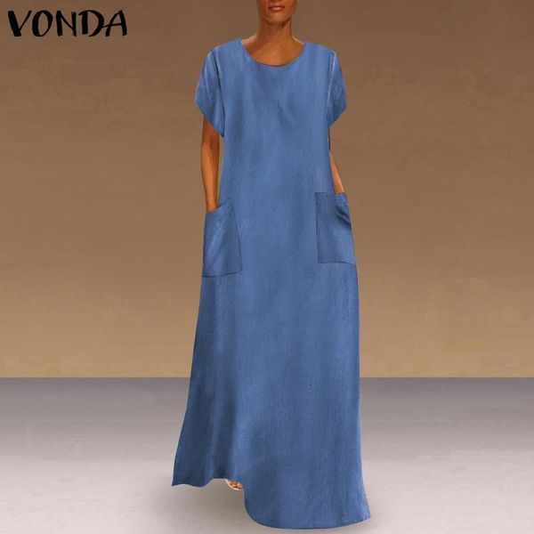 

casual dresses vonda women's summer sundress kaftan 2021 solid maxi pockets long crew vestidos female o neck robe plus size fw6b, Black;gray