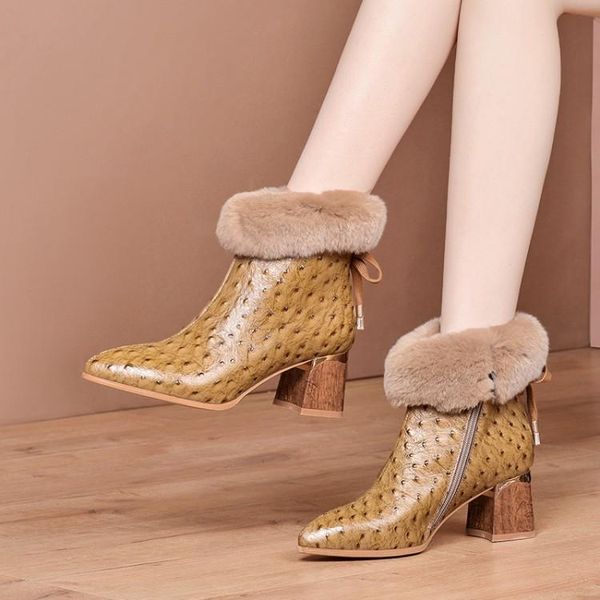 

boots mljuese 2021 women ankle cow leather winter short plush pointed toe yellow color high heels female size 34-42, Black