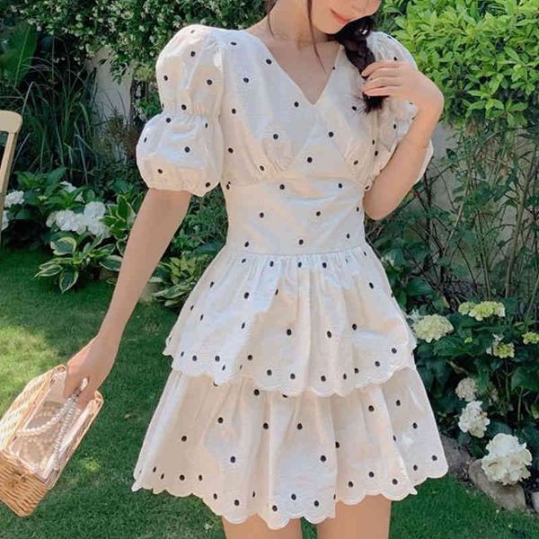 

casual dresses elegant vintage female dot puff sleeve v-neck fairy for women kawaii design korean summer chic vipi, Black;gray