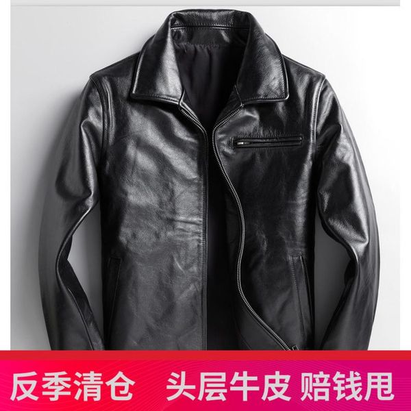 

men's leather & faux 2021 autumn and winter soft calf genuine jacket short slim young handsome lapel real coat, Black