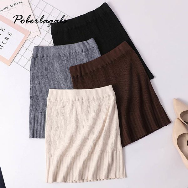 

autumn winter women knitting elasticated waist mini skirt womens knit retro high waist hip skirt female pleated skirts 210420, Black