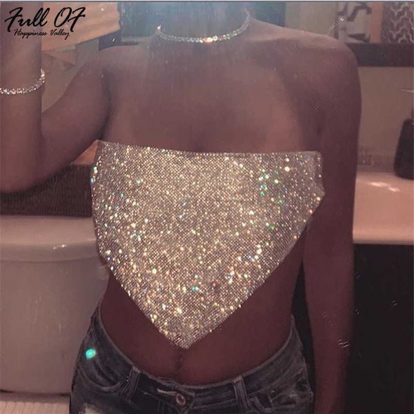 Sexy Metal Chair Chail Diamante Crop Top Mulheres Befreee Summer Beach Sparkling Sequin Nightclub Partido Cropped Bralette Tops HL X0726