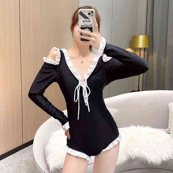 

luxury designer women's swimwear bikini black female swimsuit covers the belly and shows thin. 2022 conservative korean ins students&#0, White;black