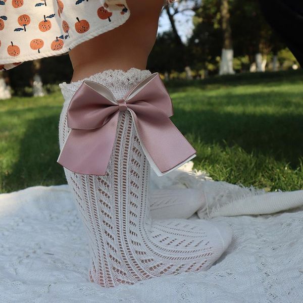 

cute big bow baby girls socks summer mesh breathable kids knee high toddler legs long, Pink;yellow