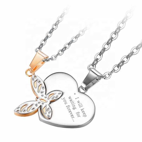 

2022 new 2021 design stainless steel love couple necklace fashion personalized heart butterfly necklace, Golden;silver