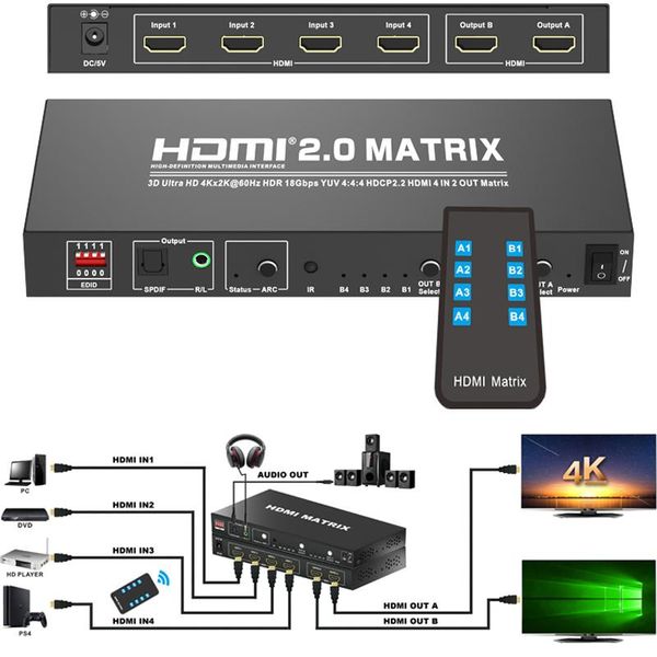

audio cables & connectors hd 4k 60hz 2.0 matrix 4x2 switch splitter 4 in 2 out yuv 4:4:4 3d hdr hdcp2.2 arc spdif extractor edid