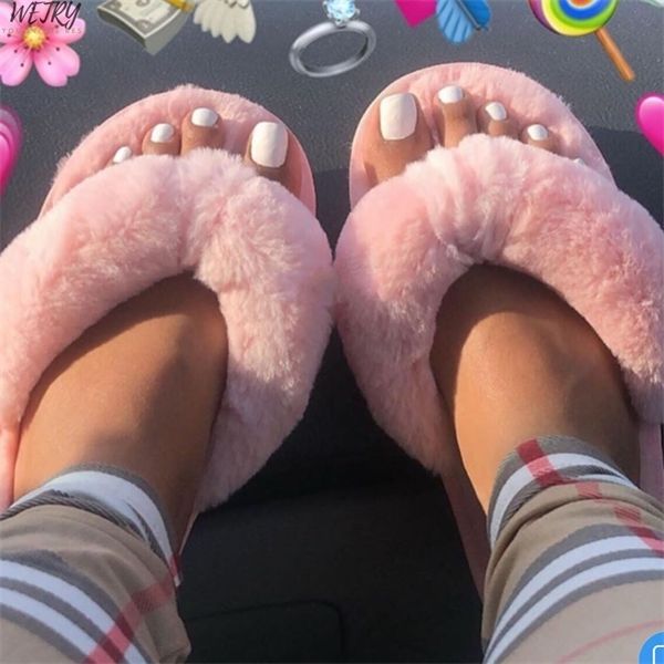 

in 2020 winter fashion women home slippers faux fur warm shoes woman slip on flats female fur flip flops pink plus size 36-41 y1120, Black