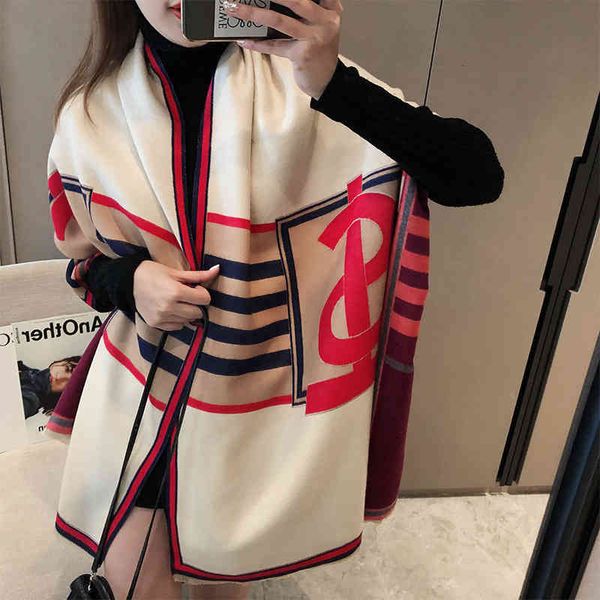 

hat scarf glove setautumn and winter letters classic imitation cashmere women's warm bib air conditioning large shawl thickened, Blue;gray