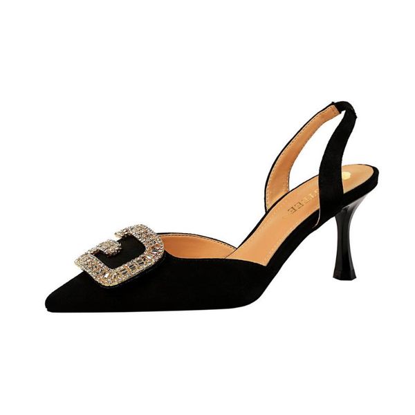 

banquet women's shoes high heel shallow tip velvet face hollow after the trip metal water drill buckle sandals, Black