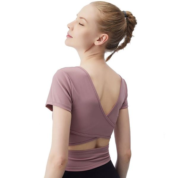 

sports tank women built in bra v-neck cross back nylon solid slim yoga gym running workout t-shirt fitness underwear vest outfit